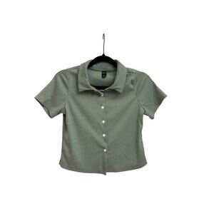 Dazy Button Front Ribbed Preppy Minimal Sage Green Cropped Polo Shirt Size Small